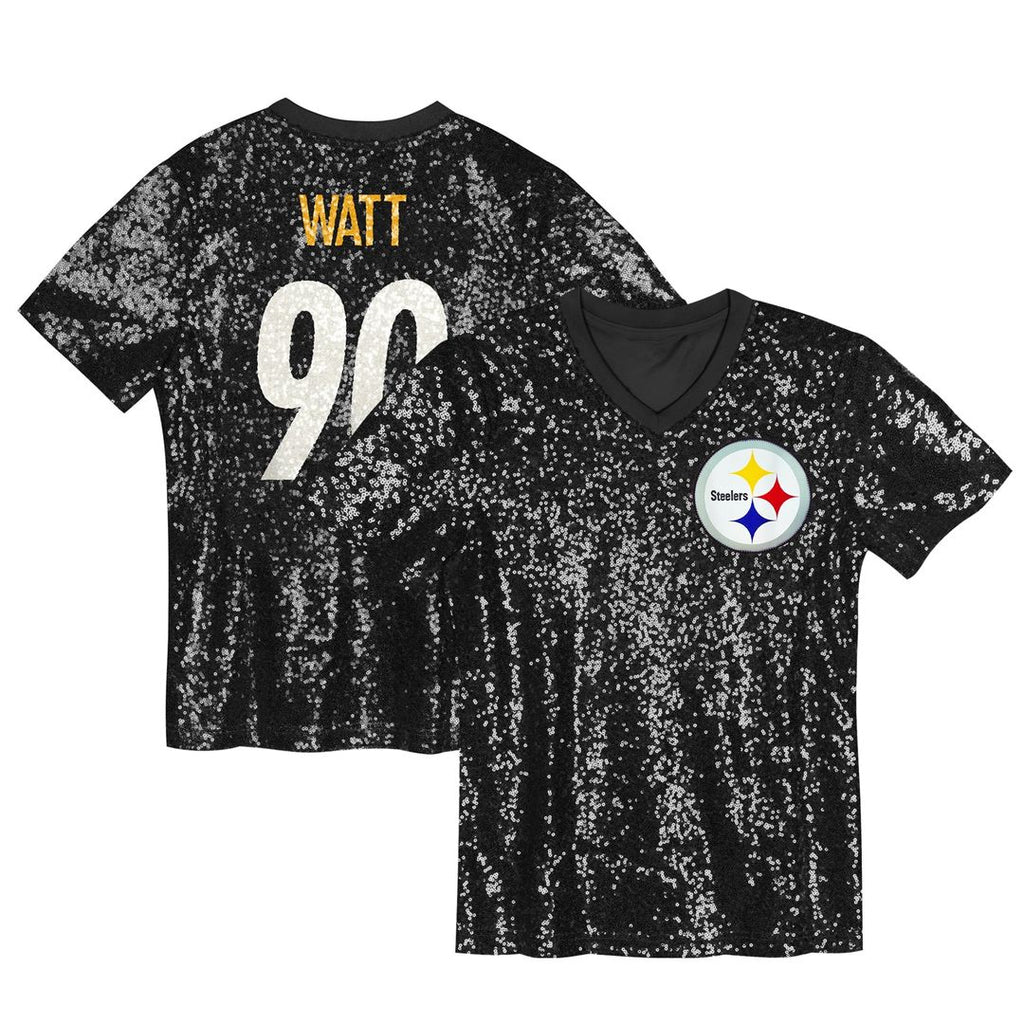 T.J. Watt Pittsburgh Steelers Girls Youth Sequin V-Neck Fashion Jersey - Black Official NFL Team Apparel Football Fan Gear