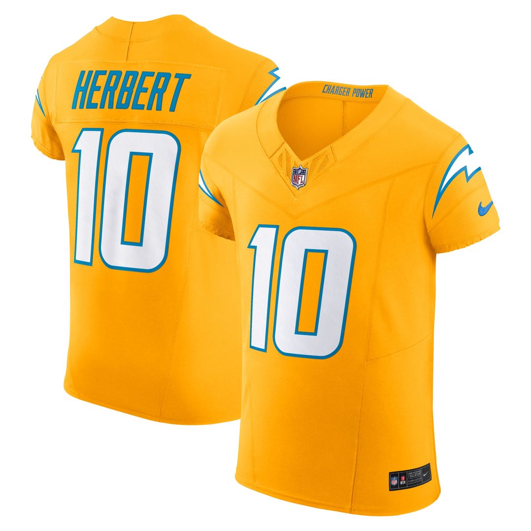 Justin Herbert Los Angeles Chargers Nike Alternate Charger Power Vapor F.U.S.E. Elite Jersey - Gold Official NFL Team Apparel Football Fan Gear