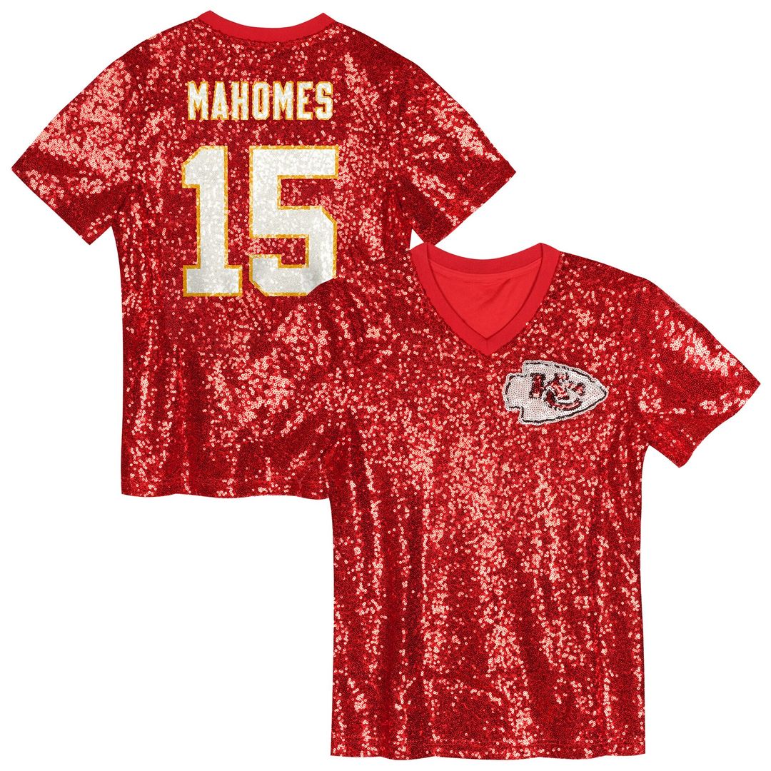 Patrick Mahomes Kansas City Chiefs Girls Youth Sequin V-Neck Fashion Jersey - Red Official NFL Team Apparel Football Fan Gear
