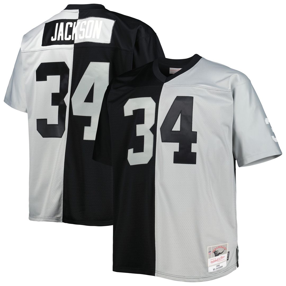 Bo Jackson Las Vegas Raiders Mitchell & Ness Big & Tall Split Legacy Retired Player Replica Jersey - Black/Silver Official NFL Team Apparel Football F