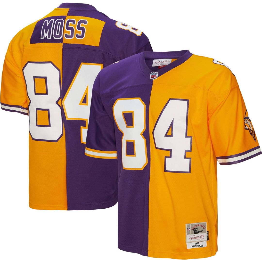Randy Moss Minnesota Vikings Mitchell & Ness 1998 Split Legacy Replica Jersey - Purple/Gold Official NFL Team Apparel Football Fan Gear