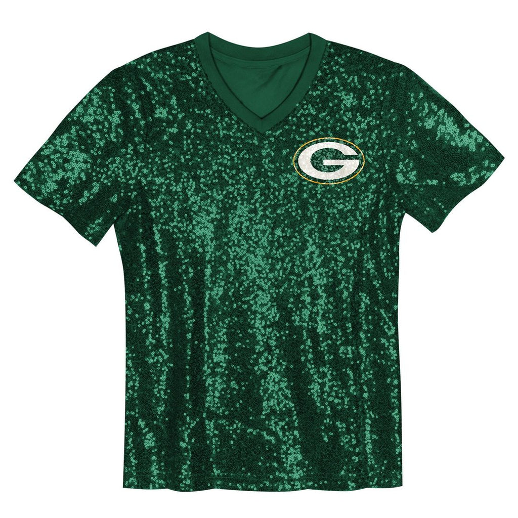 Jordan Love Green Bay Packers Girls Youth Sequin V-Neck Fashion Jersey - Green Official NFL Team Apparel Football Fan Gear