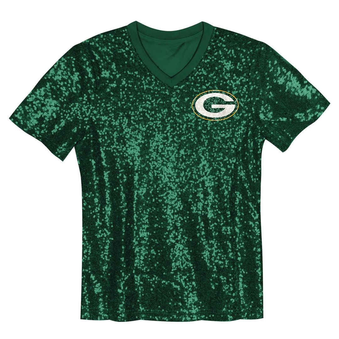 Jordan Love Green Bay Packers Girls Youth Sequin V-Neck Fashion Jersey - Green Official NFL Team Apparel Football Fan Gear