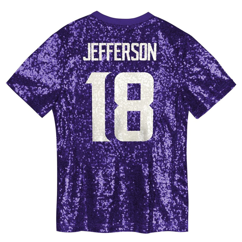 Justin Jefferson Minnesota Vikings Girls Youth Sequin V-Neck Fashion Jersey - Purple Official NFL Team Apparel Football Fan Gear