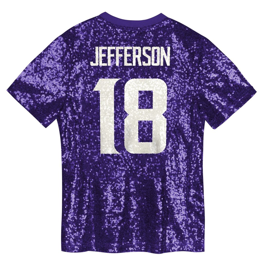 Justin Jefferson Minnesota Vikings Girls Youth Sequin V-Neck Fashion Jersey - Purple Official NFL Team Apparel Football Fan Gear