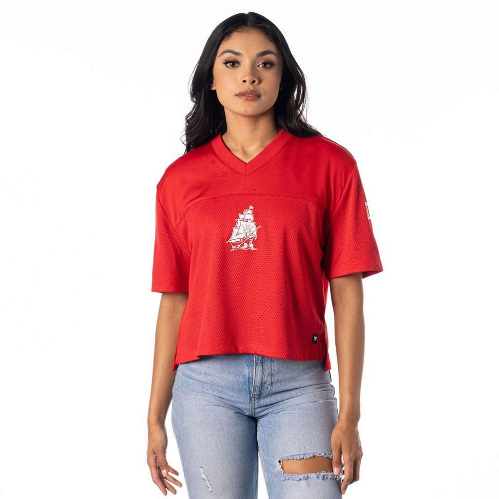 Tampa Bay Buccaneers The Wild Collective Women's Alternate V-Neck Fashion Jersey T-Shirt - Red Official NFL Team Apparel Football Fan Gear