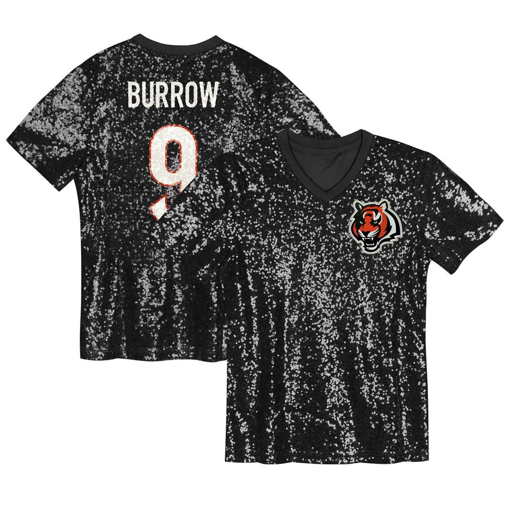 Joe Burrow Cincinnati Bengals Girls Youth Sequin V-Neck Fashion Jersey - Black Official NFL Team Apparel Football Fan Gear