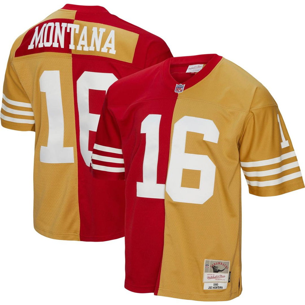 Joe Montana San Francisco 49ers Mitchell & Ness 1990 Split Legacy Replica Jersey - Scarlet/Gold Official NFL Team Apparel Football Fan Gear