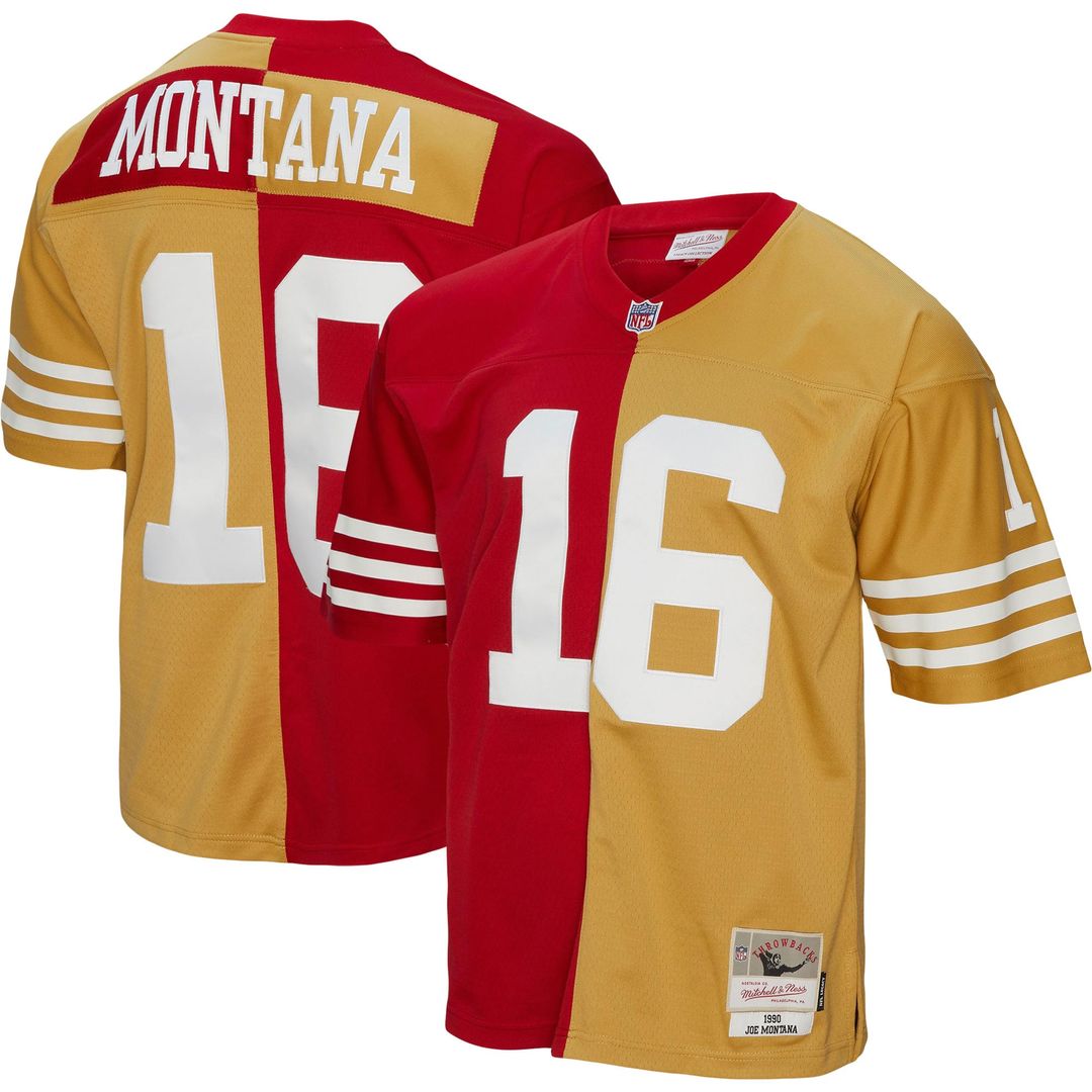 Joe Montana San Francisco 49ers Mitchell & Ness 1990 Split Legacy Replica Jersey - Scarlet/Gold Official NFL Team Apparel Football Fan Gear