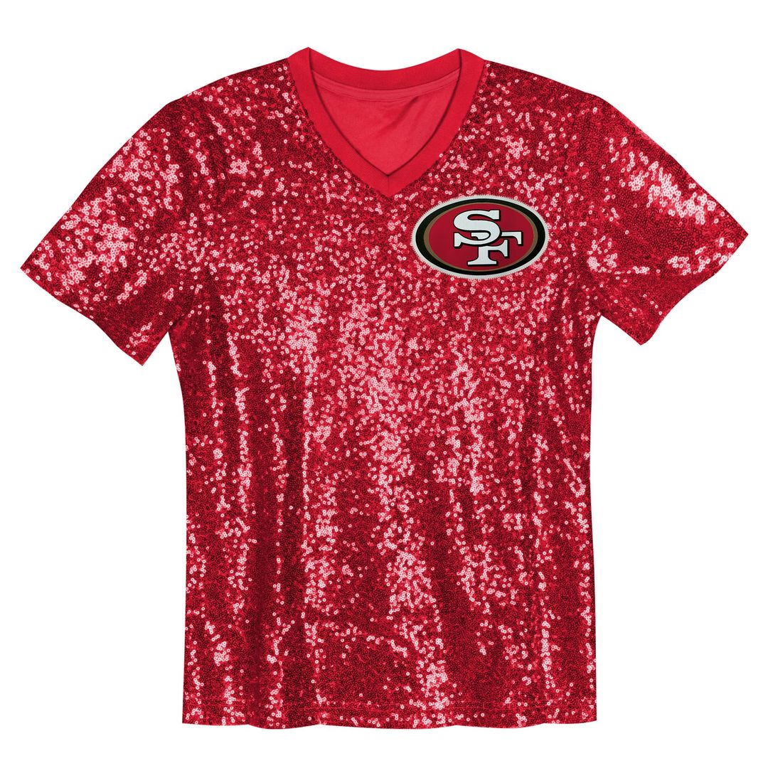 Christian McCaffrey San Francisco 49ers Girls Youth Sequin V-Neck Fashion Jersey - Scarlet Official NFL Team Apparel Football Fan Gear