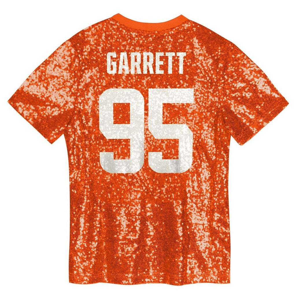 Myles Garrett Cleveland Browns Girls Youth Sequin V-Neck Fashion Jersey - Orange Official NFL Team Apparel Football Fan Gear