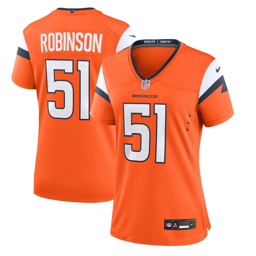 Que Robinson Denver Broncos Nike Women's Team Game Jersey - Orange Official NFL Team Apparel Football Fan Gear