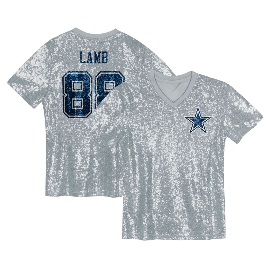 CeeDee Lamb Dallas Cowboys Girls Youth Sequin V-Neck Fashion Jersey - Silver Official NFL Team Apparel Football Fan Gear