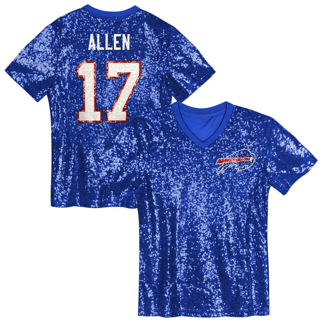 Josh Allen Buffalo Bills Girls Youth Sequin V-Neck Fashion Jersey - Royal Official NFL Team Apparel Football Fan Gear