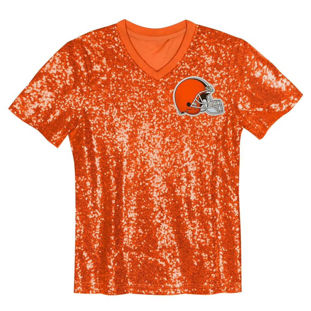 Myles Garrett Cleveland Browns Girls Youth Sequin V-Neck Fashion Jersey - Orange Official NFL Team Apparel Football Fan Gear