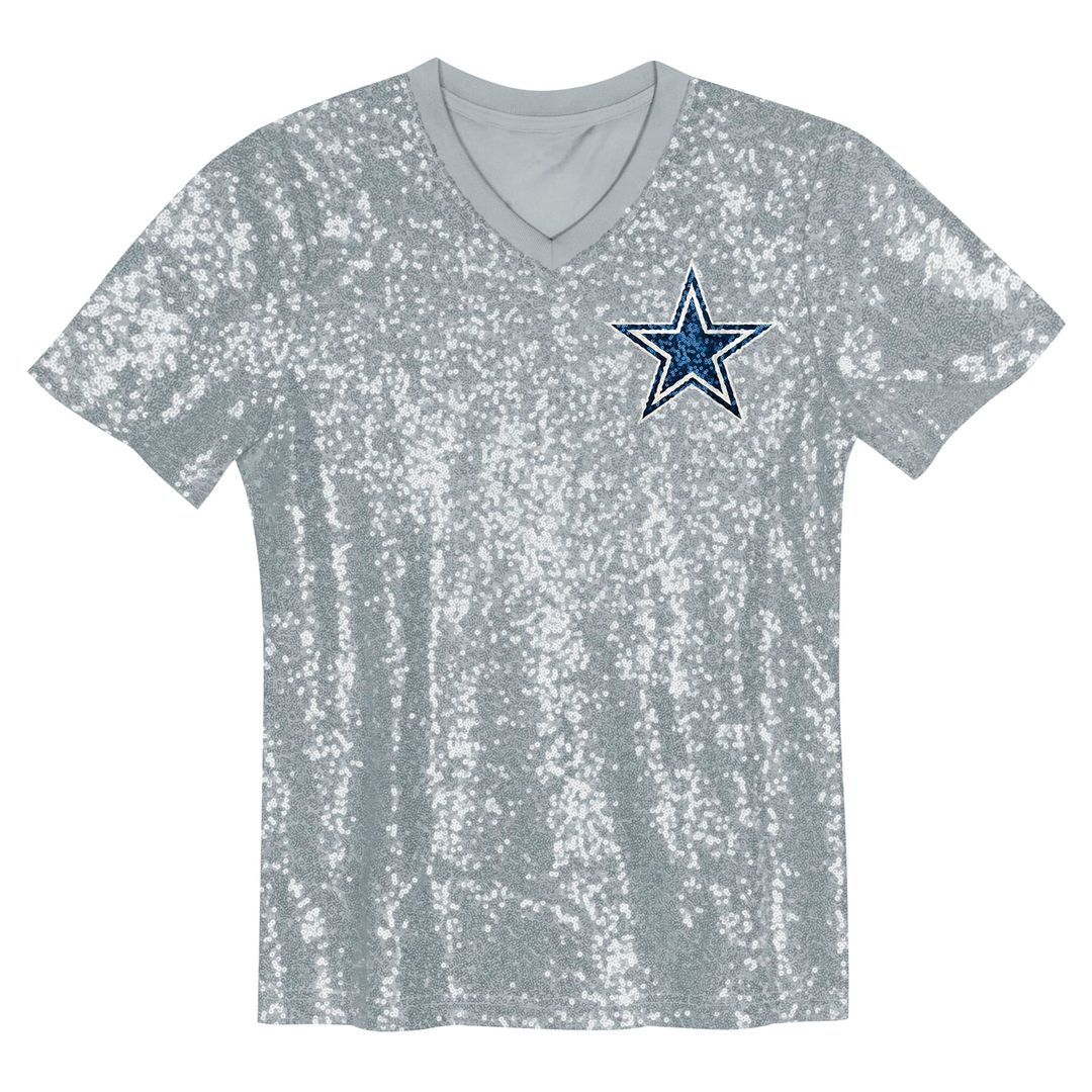 CeeDee Lamb Dallas Cowboys Girls Youth Sequin V-Neck Fashion Jersey - Silver Official NFL Team Apparel Football Fan Gear