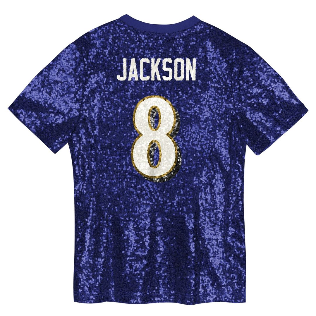 Lamar Jackson Baltimore Ravens Girls Youth Sequin V-Neck Fashion Jersey - Purple Official NFL Team Apparel Football Fan Gear