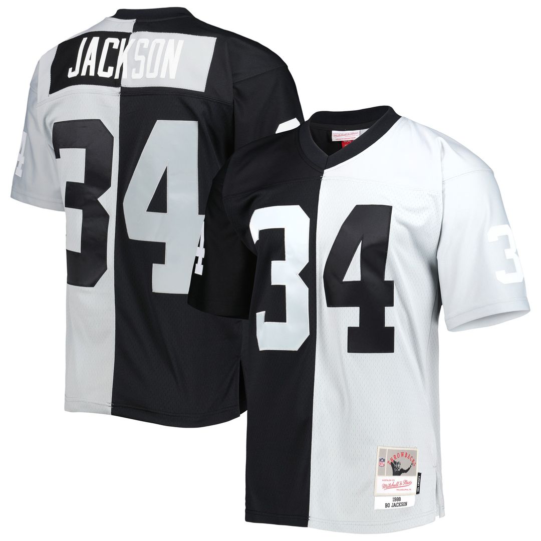 Bo Jackson Las Vegas Raiders Mitchell & Ness 1988 Split Legacy Replica Jersey - Black/Silver Official NFL Team Apparel Football Fan Gear