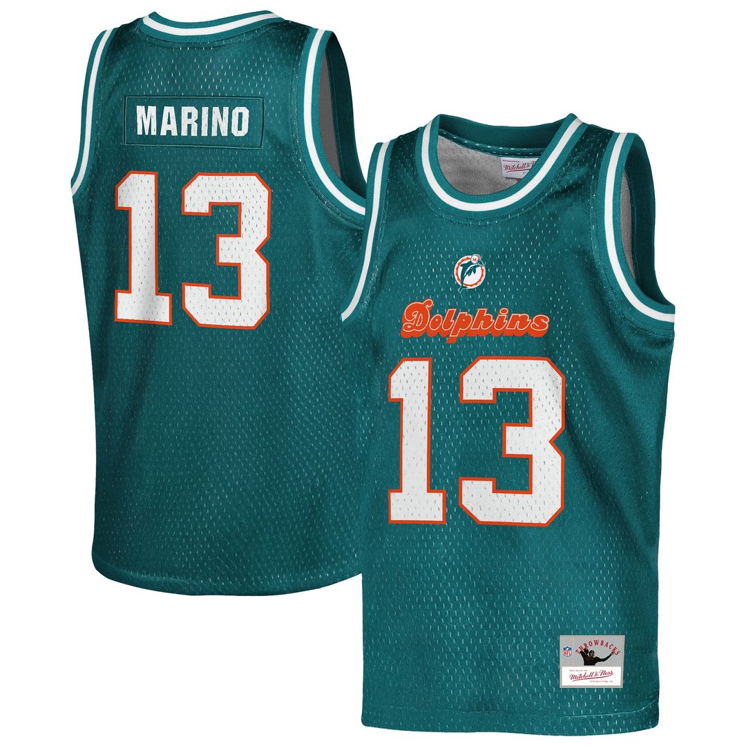 Dan Marino Miami Dolphins Mitchell & Ness Youth Retired Player NFL Basketball Fashion Jersey - Aqua Official NFL Team Apparel Football Fan Gear