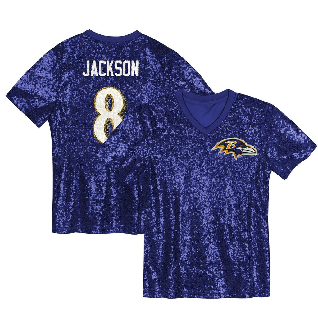 Lamar Jackson Baltimore Ravens Girls Youth Sequin V-Neck Fashion Jersey - Purple Official NFL Team Apparel Football Fan Gear
