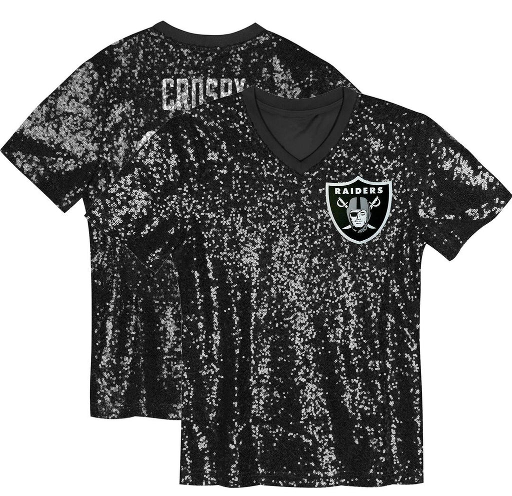 Maxx Crosby Las Vegas Raiders Girls Youth Sequin V-Neck Fashion Jersey - Black Official NFL Team Apparel Football Fan Gear