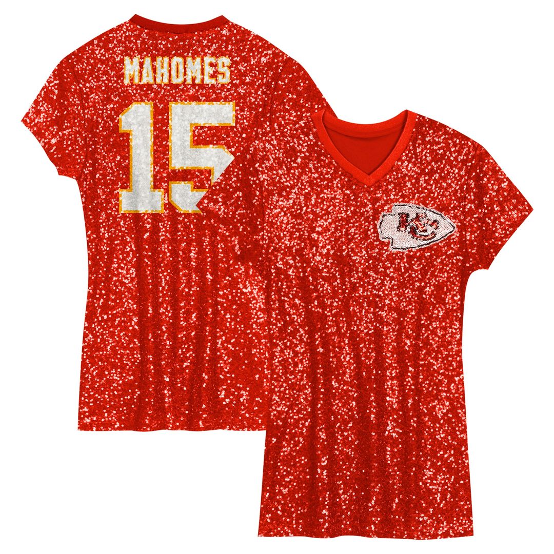 Patrick Mahomes Kansas City Chiefs Girls Youth Sequin Player Name & Number V-Neck Dress - Red NFL Fan Gear Popular Style