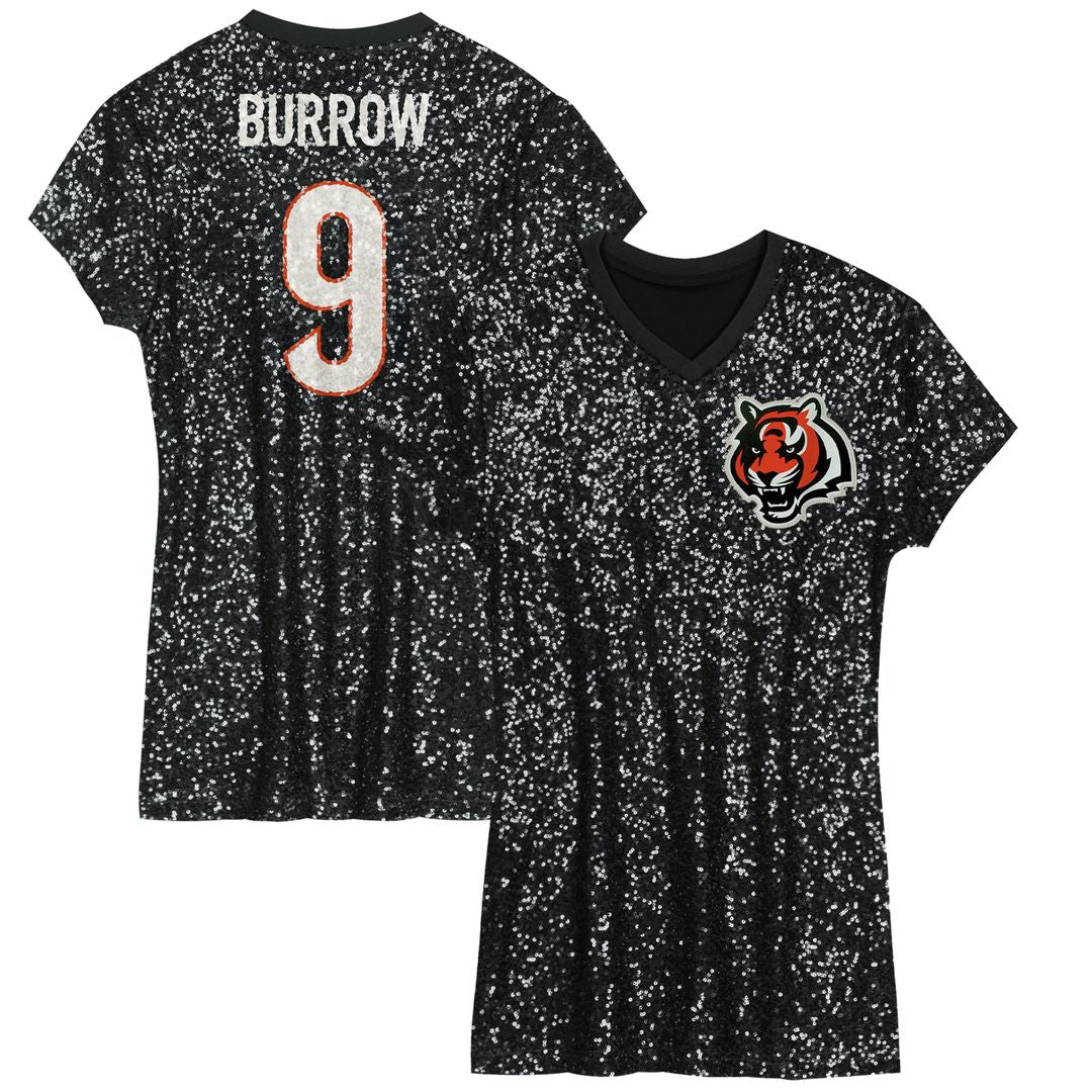 Joe Burrow Cincinnati Bengals Girls Youth Sequin Player Name & Number V-Neck Dress - Black NFL Fan Gear Popular Style