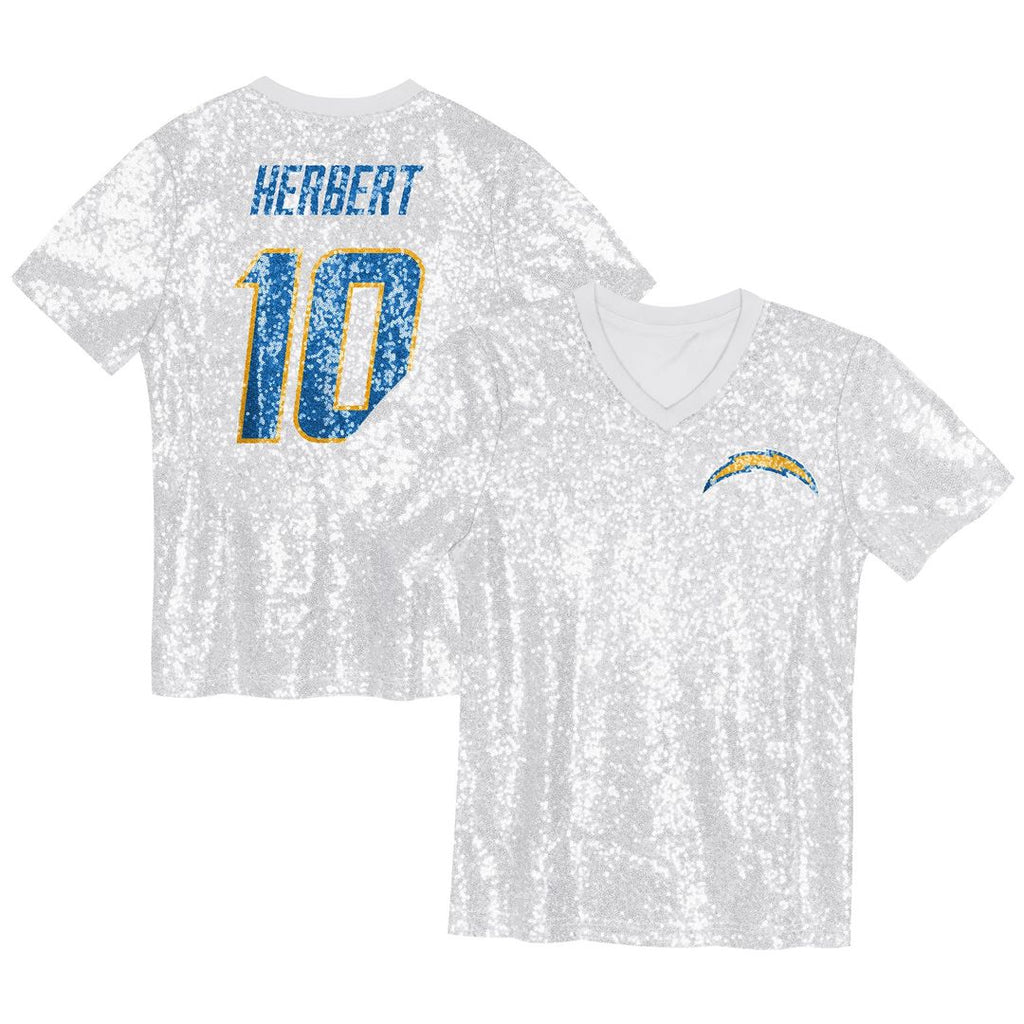 Justin Herbert Los Angeles Chargers Girls Youth Sequin V-Neck Fashion Jersey - Powder Blue Official NFL Team Apparel Football Fan Gear
