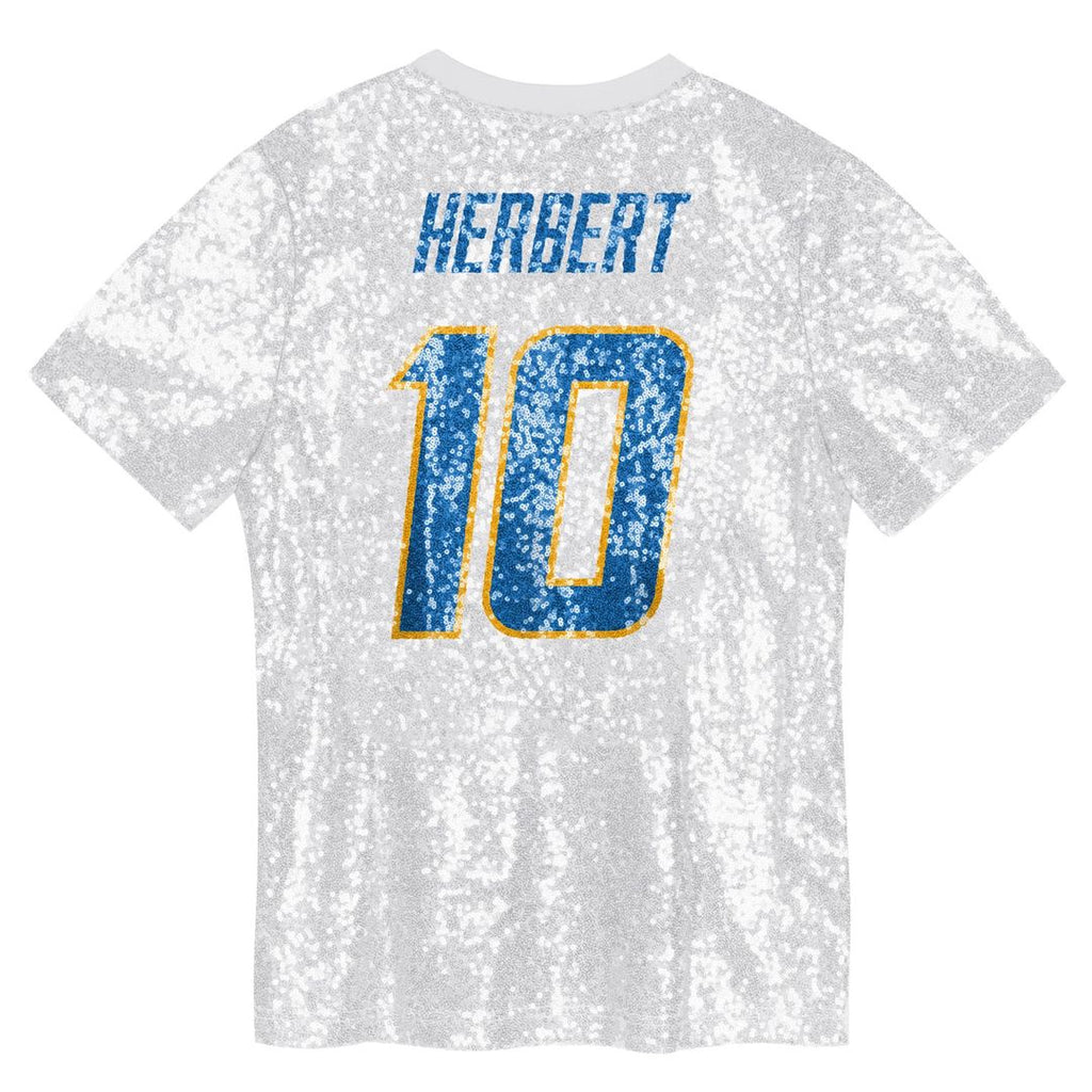 Justin Herbert Los Angeles Chargers Girls Youth Sequin V-Neck Fashion Jersey - Powder Blue Official NFL Team Apparel Football Fan Gear