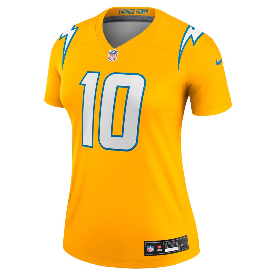 Justin Herbert Los Angeles Chargers Nike Women's Alternate Charger Power Legend Player Performance Top - Gold NFL Fan Gear Popular Style