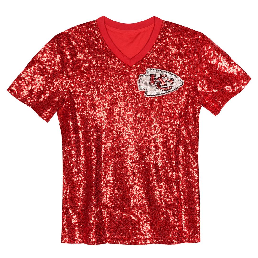 Patrick Mahomes Kansas City Chiefs Girls Youth Sequin V-Neck Fashion Jersey - Red Official NFL Team Apparel Football Fan Gear