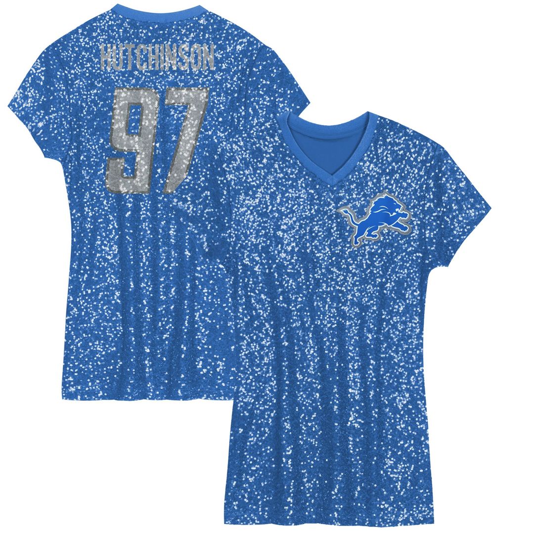 Aidan Hutchinson Detroit Lions Girls Youth Sequin Player Name & Number V-Neck Dress - Blue NFL Fan Gear Popular Style