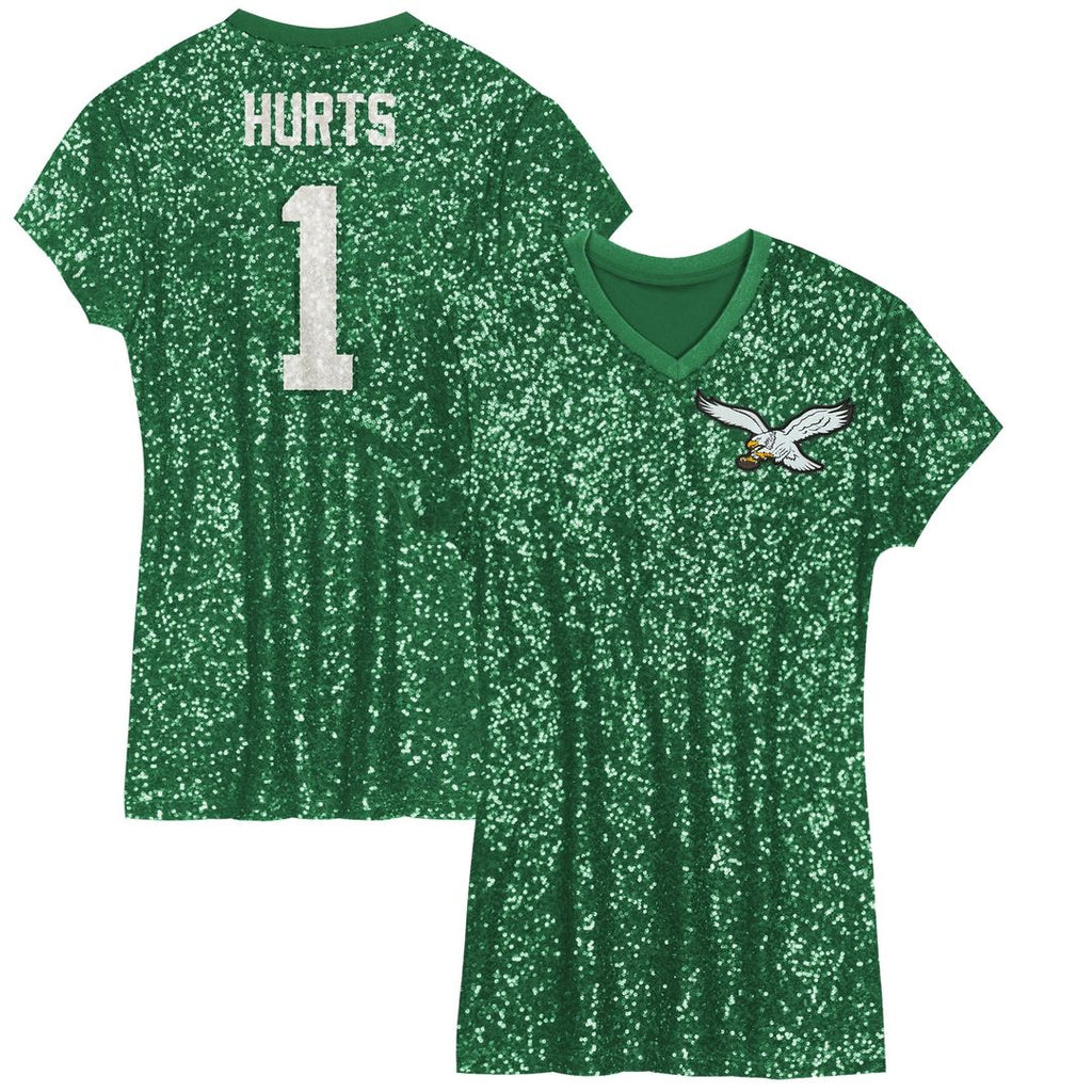 Jalen Hurts Philadelphia Eagles Girls Youth Sequin Player Name & Number V-Neck Dress - Kelly Green NFL Fan Gear Popular Style