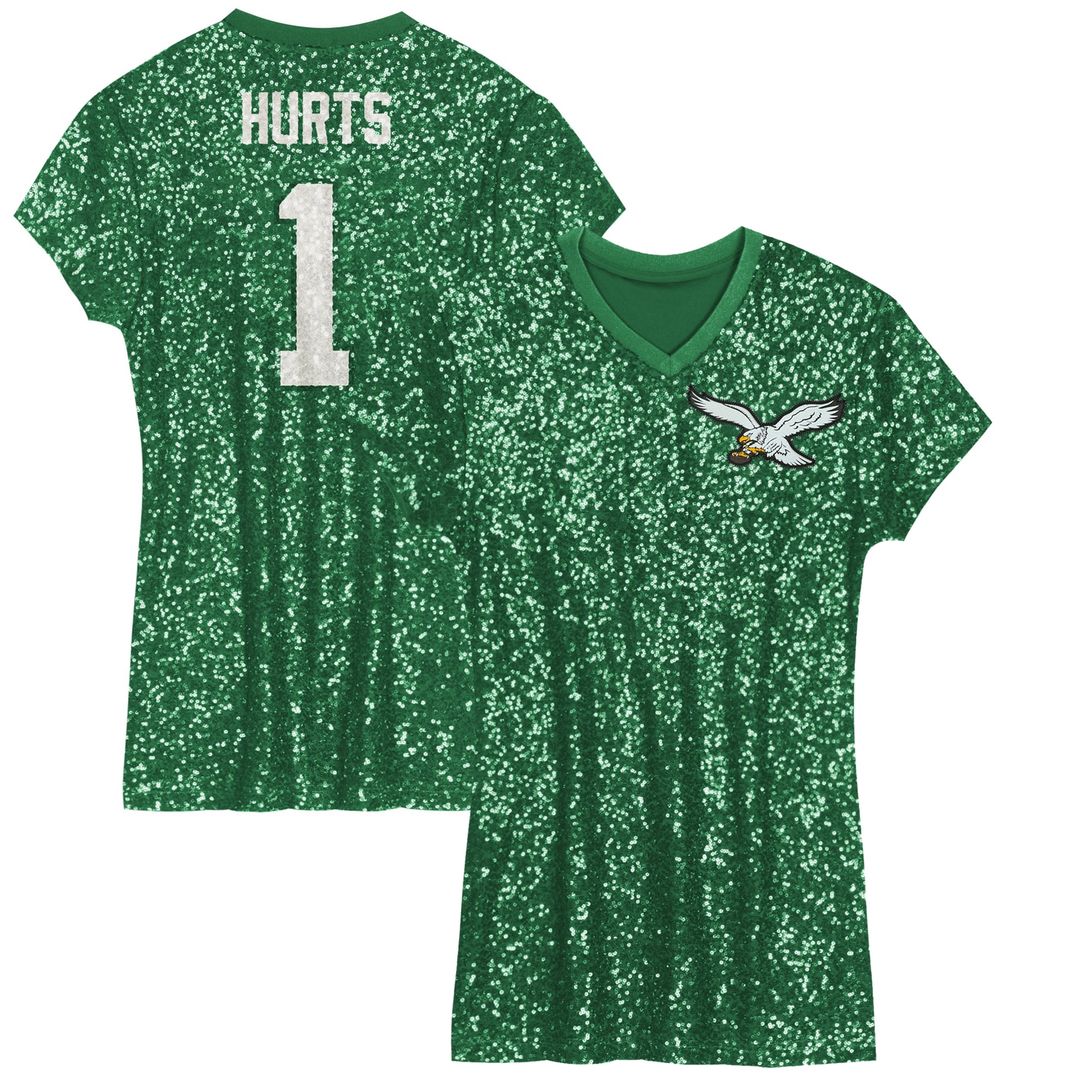 Jalen Hurts Philadelphia Eagles Girls Youth Sequin Player Name & Number V-Neck Dress - Kelly Green NFL Fan Gear Popular Style