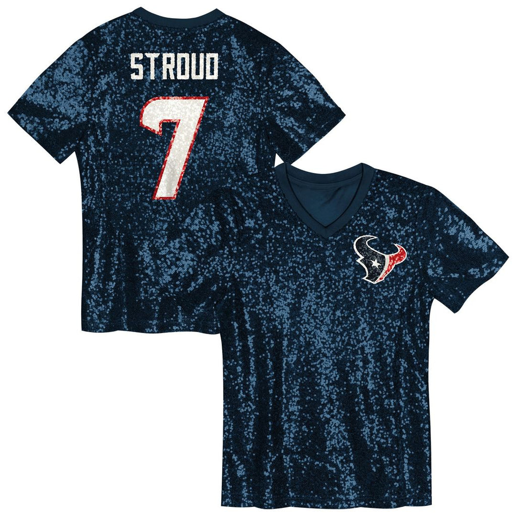 C.J. Stroud Houston Texans Girls Youth Sequin V-Neck Fashion Jersey - Navy Official NFL Team Apparel Football Fan Gear