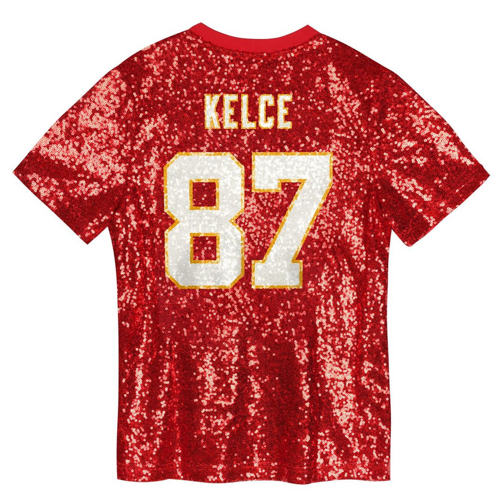 Travis Kelce Kansas City Chiefs Girls Youth Sequin V-Neck Fashion Jersey - Red Official NFL Team Apparel Football Fan Gear