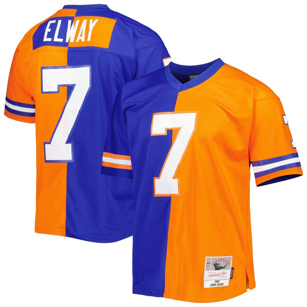 John Elway Denver Broncos Mitchell & Ness 1990 Split Legacy Replica Jersey - Royal/Orange Official NFL Team Apparel Football Fan Gear