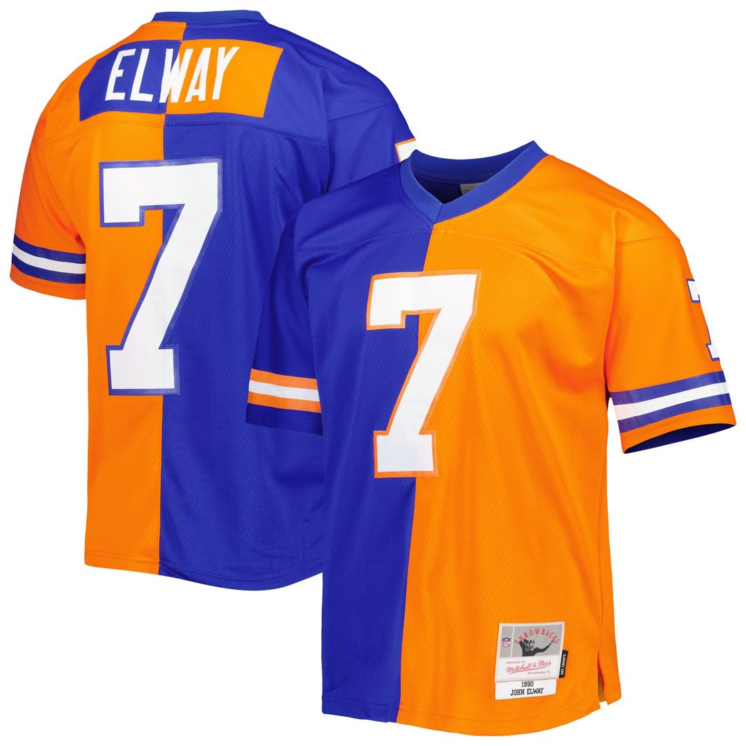 John Elway Denver Broncos Mitchell & Ness 1990 Split Legacy Replica Jersey - Royal/Orange Official NFL Team Apparel Football Fan Gear