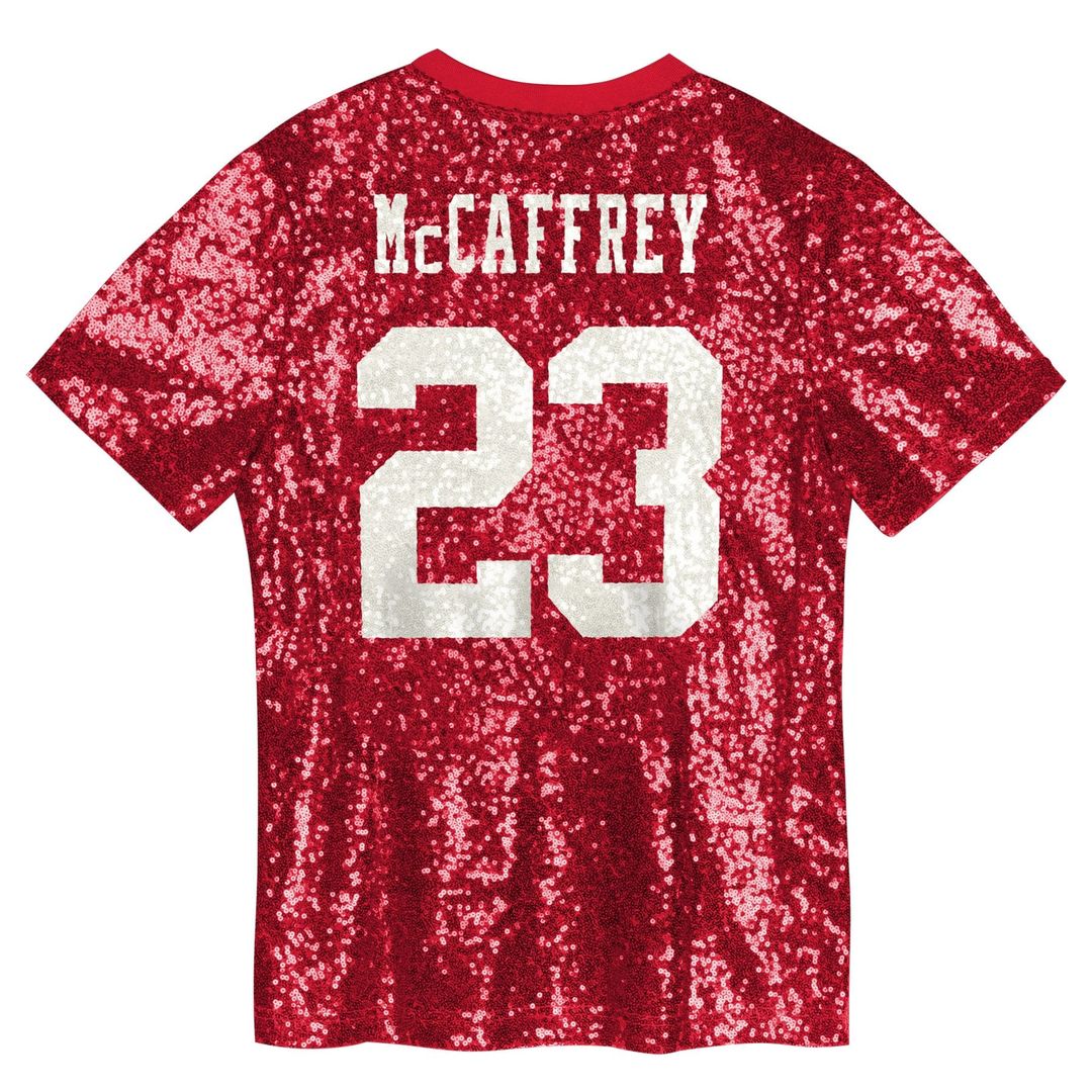 Christian McCaffrey San Francisco 49ers Girls Youth Sequin V-Neck Fashion Jersey - Scarlet Official NFL Team Apparel Football Fan Gear