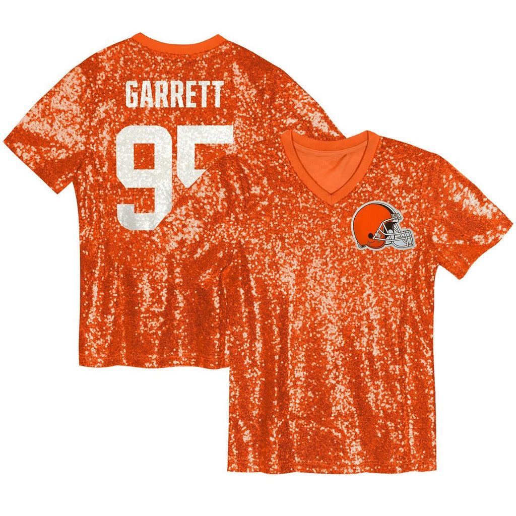Myles Garrett Cleveland Browns Girls Youth Sequin V-Neck Fashion Jersey - Orange Official NFL Team Apparel Football Fan Gear