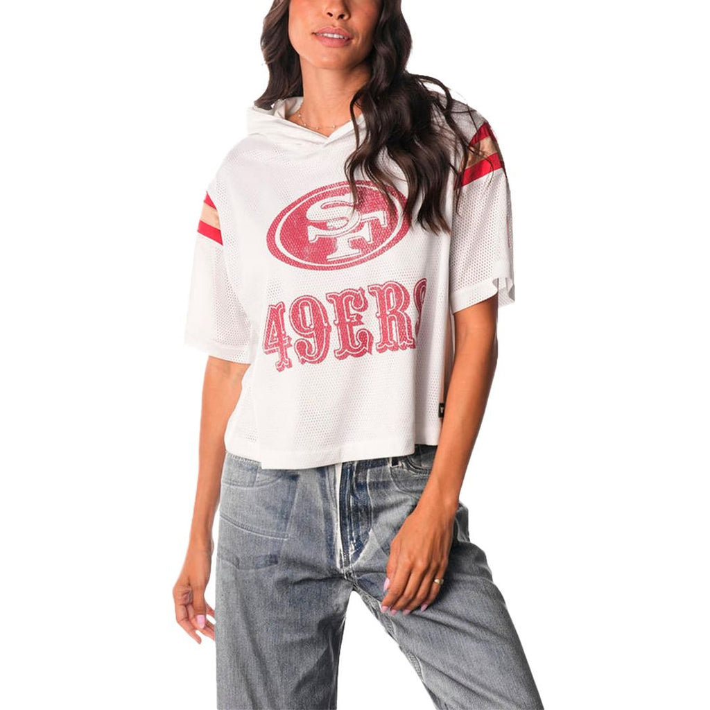 San Francisco 49ers The Wild Collective Women's Mesh Short Sleeve Hoodie T-Shirt - White Official NFL Team Apparel Football Fan Gear