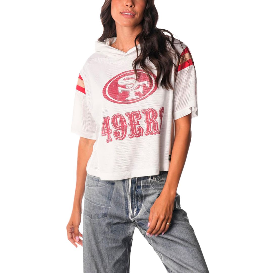 San Francisco 49ers The Wild Collective Women's Mesh Short Sleeve Hoodie T-Shirt - White Official NFL Team Apparel Football Fan Gear