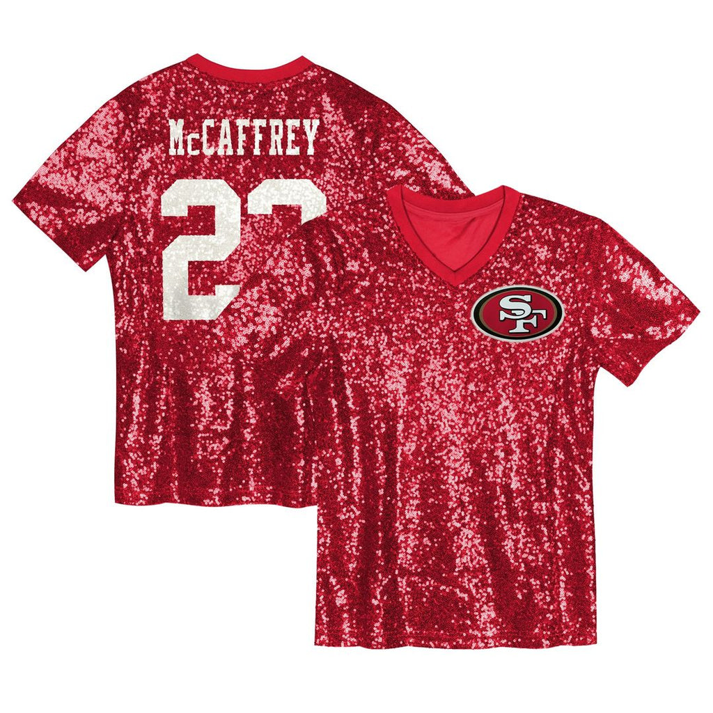 Christian McCaffrey San Francisco 49ers Girls Youth Sequin V-Neck Fashion Jersey - Scarlet Official NFL Team Apparel Football Fan Gear