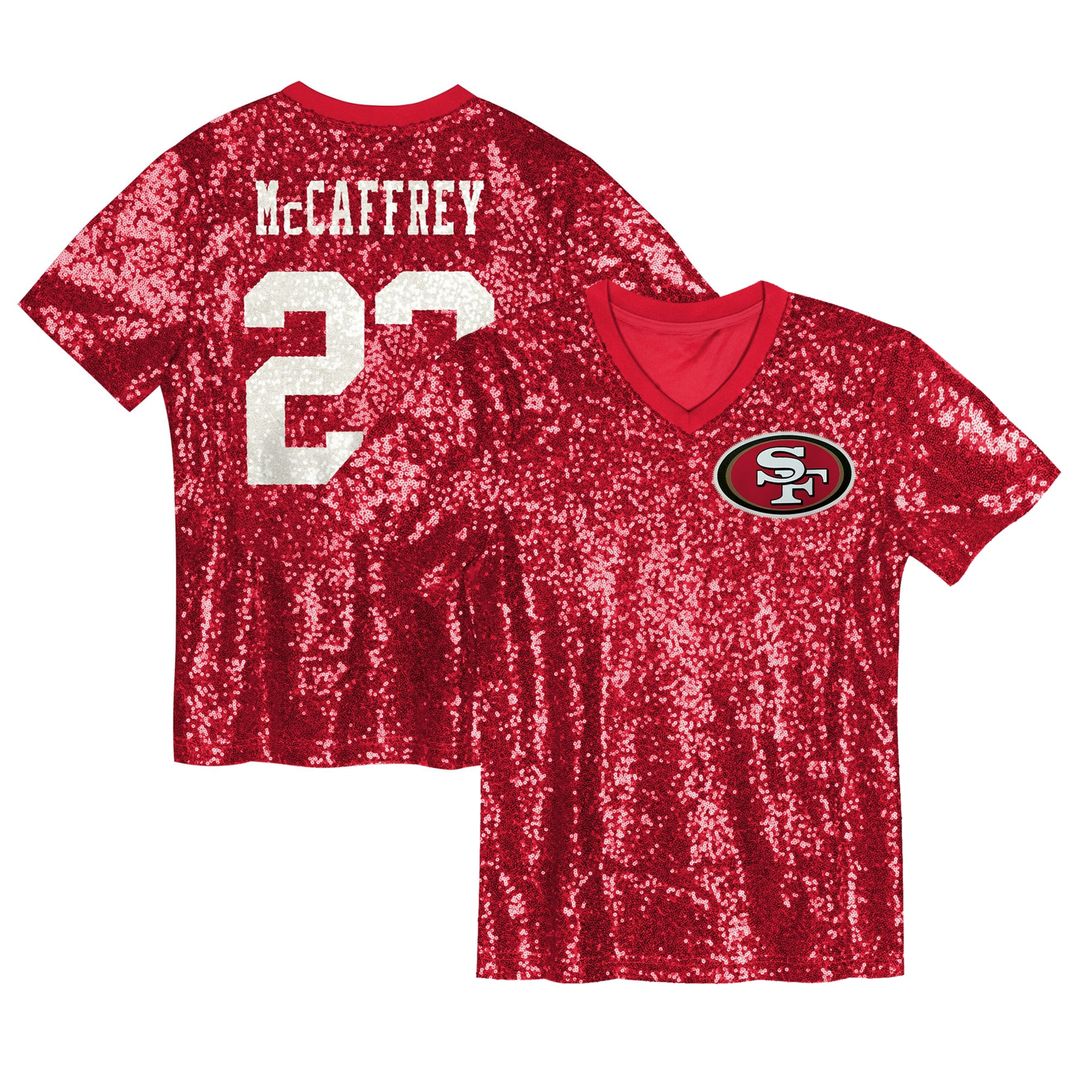 Christian McCaffrey San Francisco 49ers Girls Youth Sequin V-Neck Fashion Jersey - Scarlet Official NFL Team Apparel Football Fan Gear