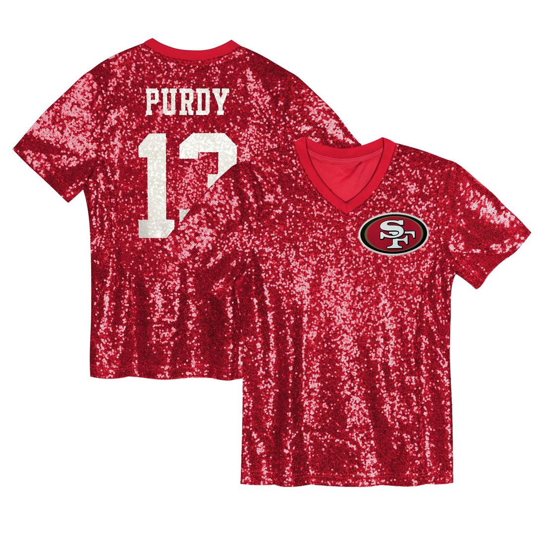 Brock Purdy San Francisco 49ers Girls Youth Sequin V-Neck Fashion Jersey - Scarlet Official NFL Team Apparel Football Fan Gear