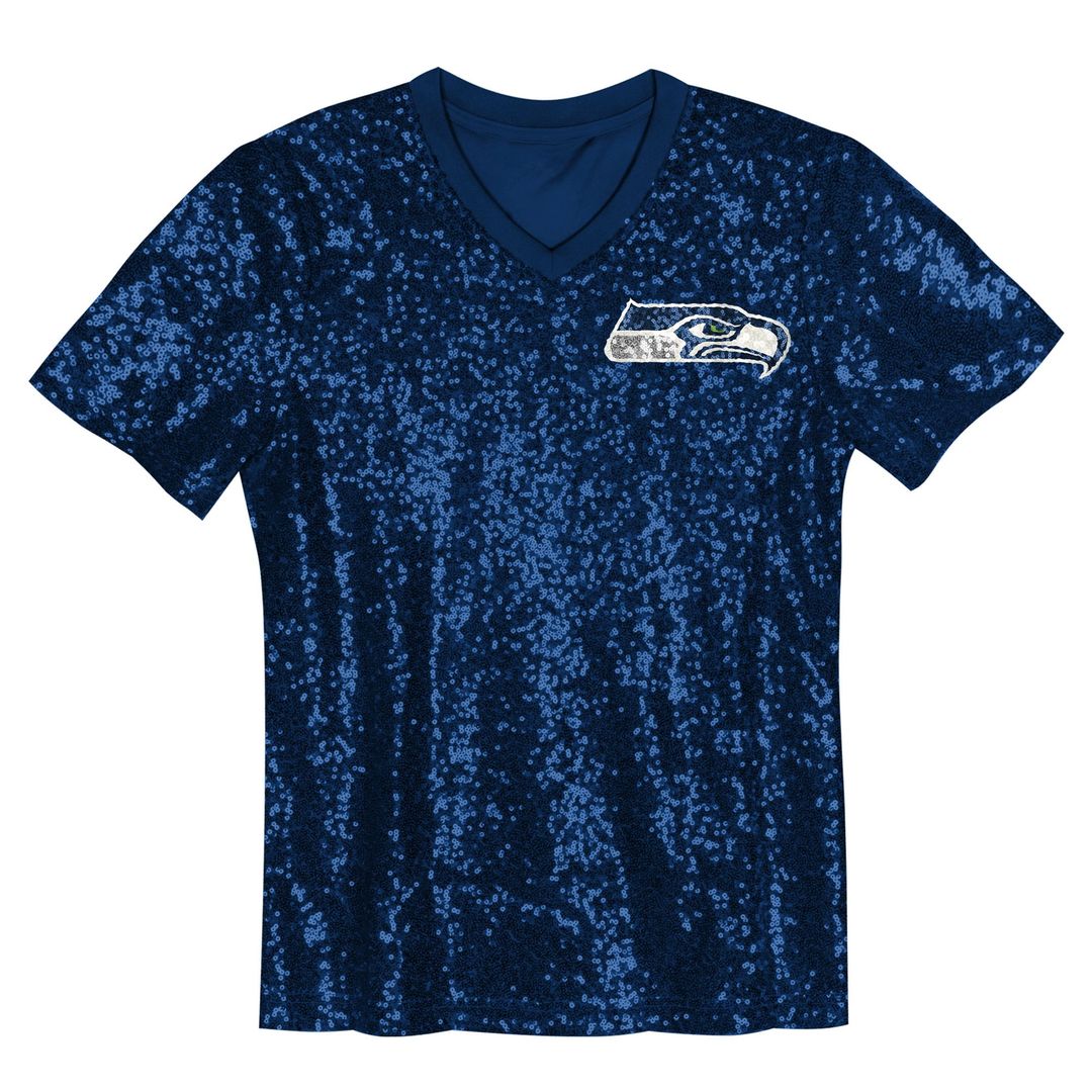 12 Fan Seattle Seahawks Girls Youth Sequin V-Neck Fashion Jersey - College Navy Official NFL Team Apparel Football Fan Gear