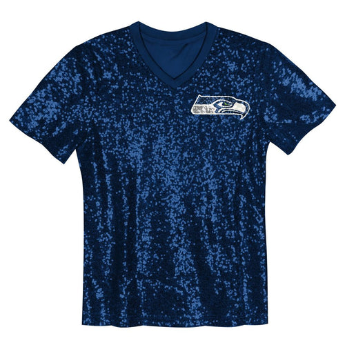 12 Fan Seattle Seahawks Girls Youth Sequin V-Neck Fashion Jersey - College Navy Official NFL Team Apparel Football Fan Gear