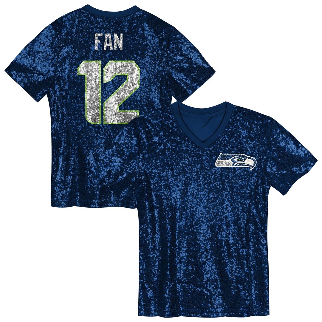 12 Fan Seattle Seahawks Girls Youth Sequin V-Neck Fashion Jersey - College Navy Official NFL Team Apparel Football Fan Gear