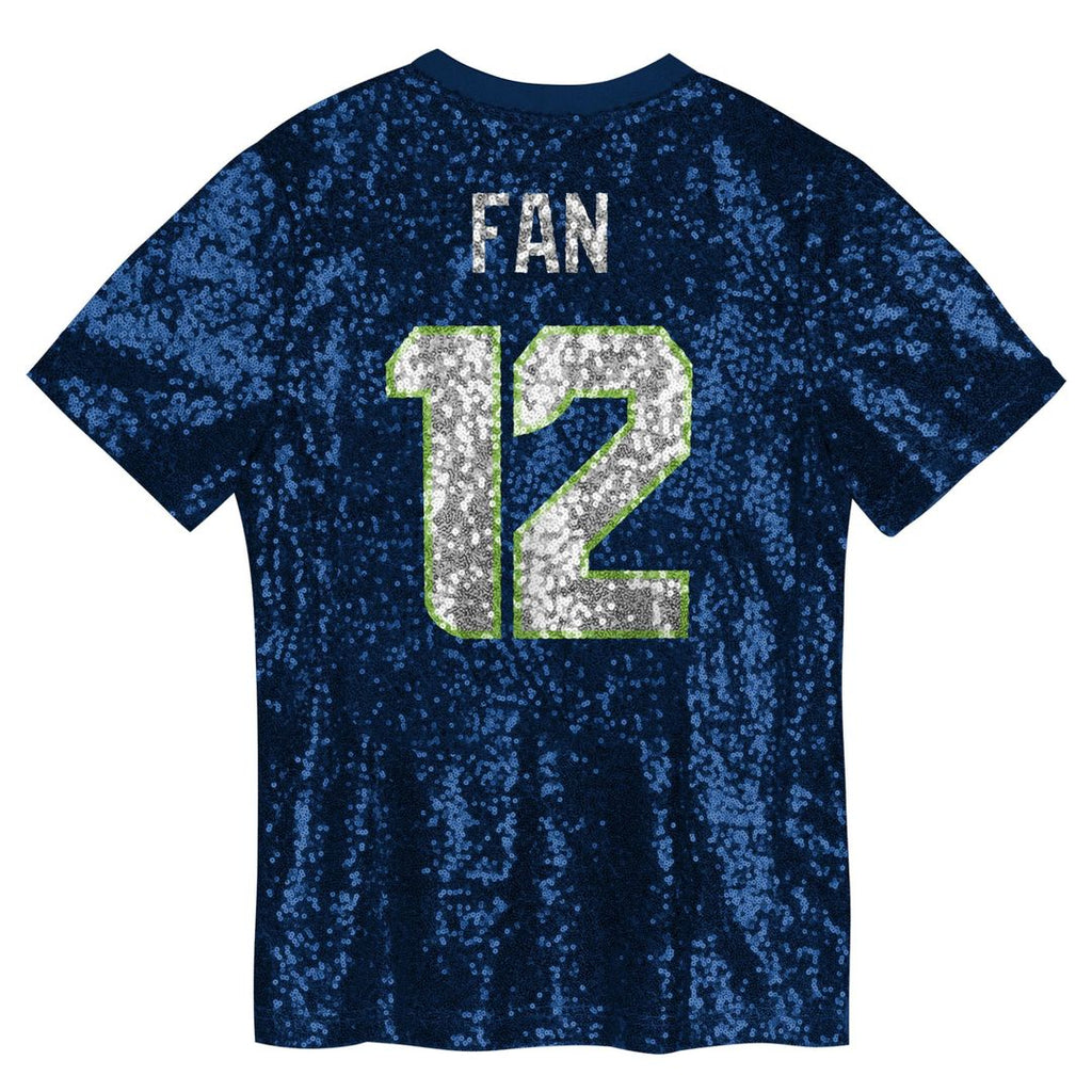 12 Fan Seattle Seahawks Girls Youth Sequin V-Neck Fashion Jersey - College Navy Official NFL Team Apparel Football Fan Gear