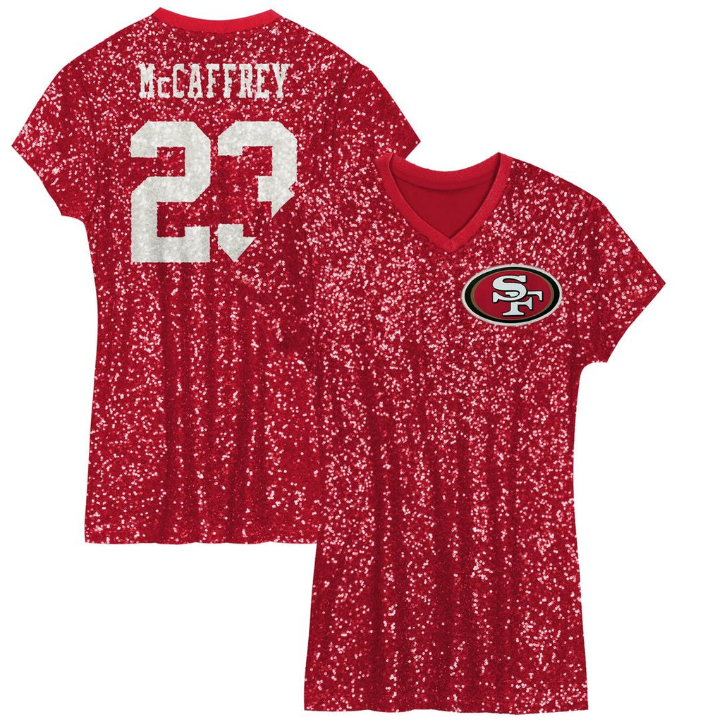 Christian McCaffrey San Francisco 49ers Girls Youth Sequin Player Name & Number V-Neck Dress - Scarlet NFL Fan Gear Popular Style